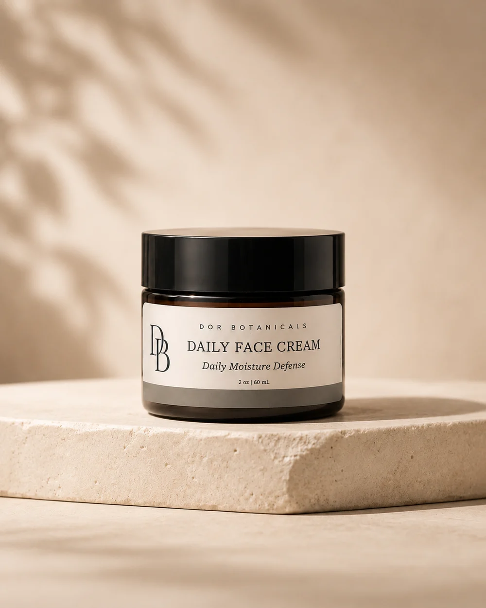Dor Botanicals Daily Face Cream in an amber glass jar, photographed in warm natural light